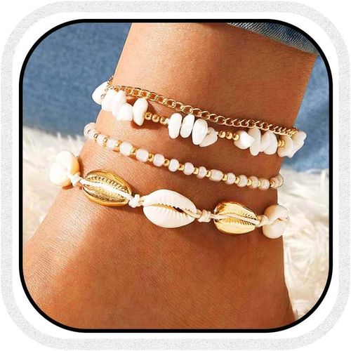 Kal-Lot De 4 Bracelets De Cheville Bohème Avec Perles Dorées - Bijoux D'été Et De Plage Pour Femme, Taille Unique, /