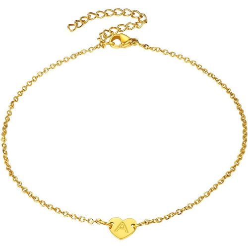 Kal-Bracelet De Cheville Femme Lettre A-Z Initiale Coeur Gravé Acier Inoxydable Chaine Pied Gourmette Maille Alphabet [Argenté/Doré] Bijoux Cadeau Noël Valentin Nouvel An Grâce Anniversaire