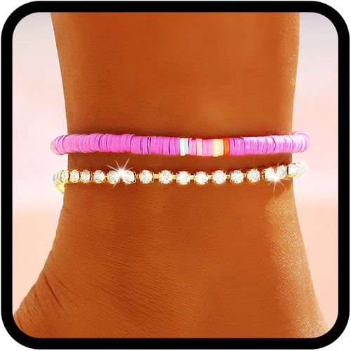 Kal-Boho Double Bracelets De Cheville Or Cristal Cheville Bracelets Violet Perlé Pied Bijoux Pour Femmes Et Filles