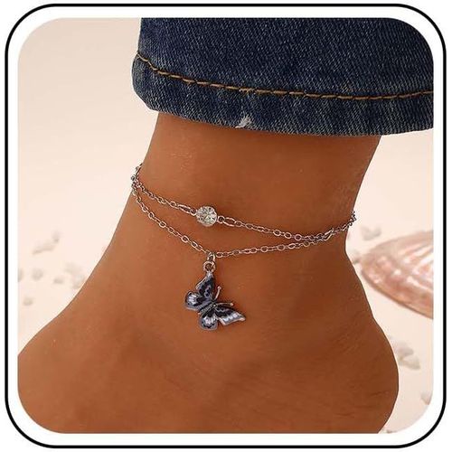 Kal-Bracelet De Cheville Papillon Boho En Strass Pendentif Papillon En Émail Noir Bracelet De Cheville Été Plage Petite Chaîne De Pied En Cristal Cz Bijoux Pour Femmes