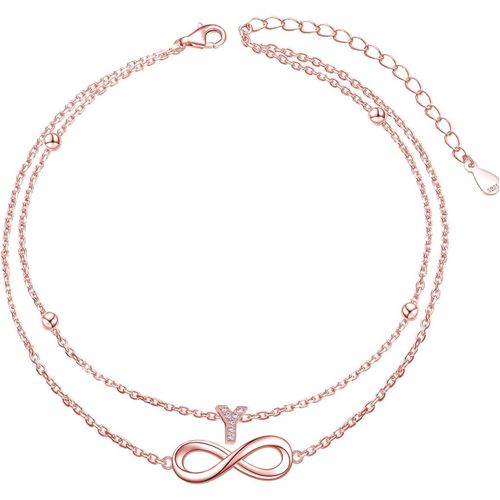 Kal-Chaîne De Cheville En Or Rose Avec Lettres Imperméable I Chaîne De Cheville Pour Femme | Fille 26 Lettres Double Chaîne De Bras Chaîne De Cheville- Réglable (22-27cm) -Cadeaux Pour Amie Amoureuse