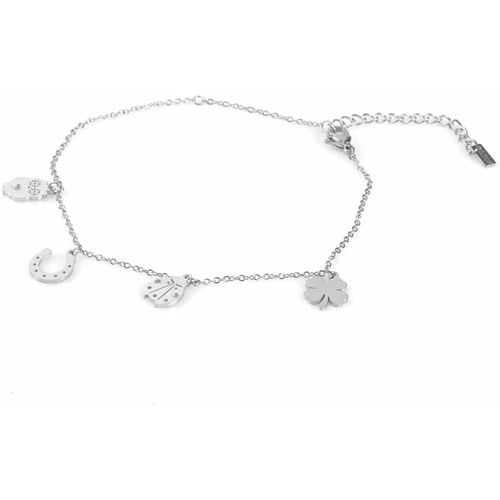 Kal-Chaîne De Cheville Pour Femme En Acier Inoxydable Avec 4 Breloques Porte-Bonheur Hibou, Fer De Cheval, Coccinelle Et Trèfle À Quatre Feuilles. Disponible En 2 Couleurs. Taille Réglable