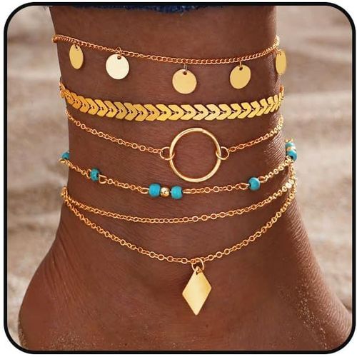 Kal-Bracelet De Cheville Bohème À Paillettes Dorées Avec Pampille Turquoise Pour Femmes Et Filles, 22 Centimeters, Or