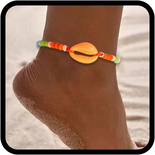Kal-Boho Bracelets De Cheville Perlés Colorés Bracelets De Cheville Coquille Tresse Cheville Perles Bijoux De Pied Pour Femmes Et Filles (Orange)