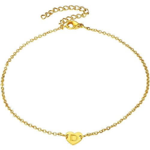 Kal-Bracelet De Cheville Femme Lettre A-Z Initiale Coeur Gravé Acier Inoxydable Chaine Pied Gourmette Maille Alphabet [Argenté/Doré] Bijoux Cadeau Noël Valentin Nouvel An Grâce Anniversaire