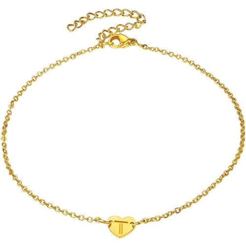 Kal-Bracelet De Cheville Femme Lettre A-Z Initiale Coeur Gravé Acier Inoxydable Chaine Pied Gourmette Maille Alphabet [Argenté/Doré] Bijoux Cadeau Noël Valentin Nouvel An Grâce Anniversaire