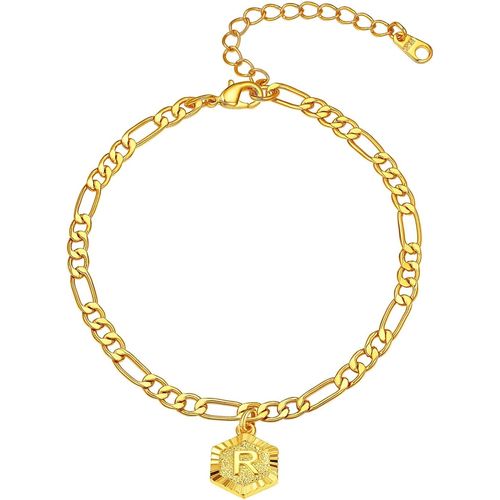Kal-Bracelet De Cheville Plaque Or Initiale A-Z Chaine Figaro Pied Femme Lettre Acier Inoxydable Gourmette Pendentif Hexagone Médaillon Maille Alphabet Bijoux Cadeau Plage Eté Vacance Petite Amie