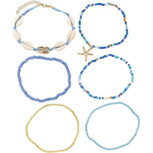 Kal-Boho Parure De Cheville Avec Pendentif Étoile De Mer - Bracelets De Cheville Style Accumulation Et Bohème Avec Perles Dorés Pour Femme Et Fille(6pcs)