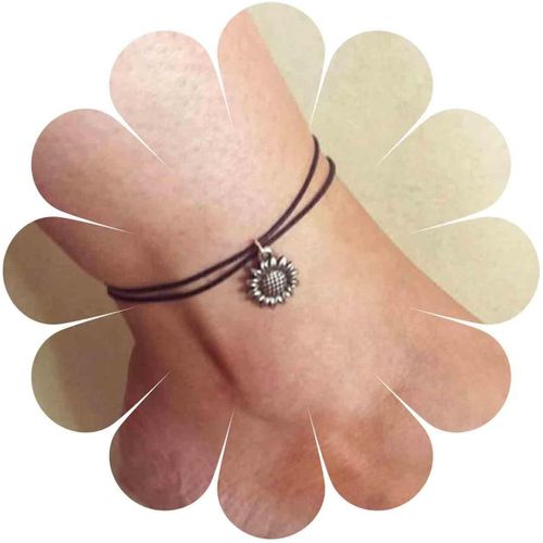 Kal-Bracelet De Cheville Noir En Corde De Chanvre Bracelet De Cheville En Corde De Cire Bracelet De Cheville Argenté Tournesol Pendentif Chaîne De Cheville Soleil Vintage Bracelet De Cheville