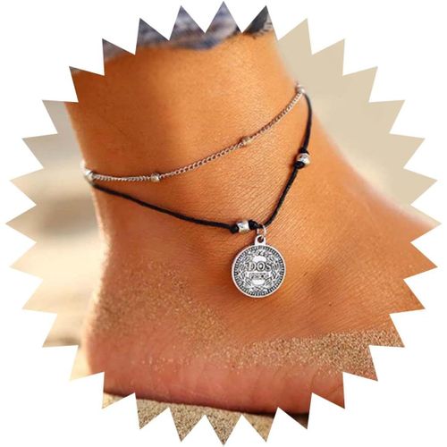 Kal-Bracelets De Cheville Boho Superposés En Corde Cirée Bracelet De Cheville Argenté Bracelet De Cheville Vintage Avec Pendentif En Forme De Disque Bracelet De Cheville Bracelet De Cheville