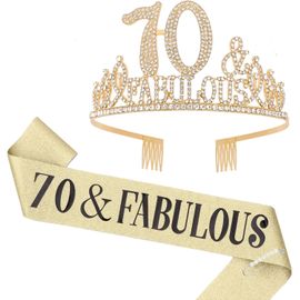 Kal-70. Ensemble Couronne D'anniversaire Dorée Et Écharpe « 70 & Fabulous » Pour Femme, Bandeau En Strass Avec Peigne, Accessoires Dorés Pour Décoration De Fête D'anniversaire