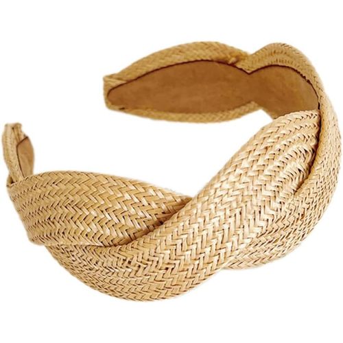Kal-Bandeau Large Pour Femme - Bandeau Tendance Bohème - Large Bandeau En Paille Pour Femme Et Fille - Pour Mariage, Anniversaire, Fête, Vacances, Yoga, Beige