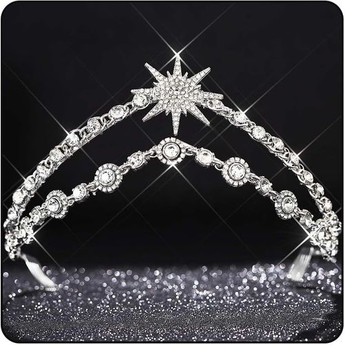 Kal-Couronne Princesse En Cristal Pour Femme - Argenté - Strass - Étoile - Diadème Couronne - Bijou De Cheveux Pour Mariage, Bal De Fin D'année, Concours De Beauté, Anniversaire