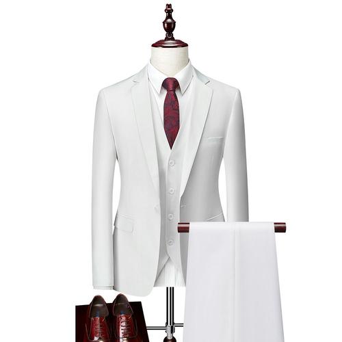 Costume Pour Homme, Couleur Unie, Coupe Slim, Ensemble 3 Pièces - Blanc