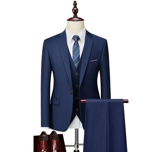 Costume Pour Homme, Couleur Unie, Coupe Slim, Ensemble 3 Pièces - Bleu