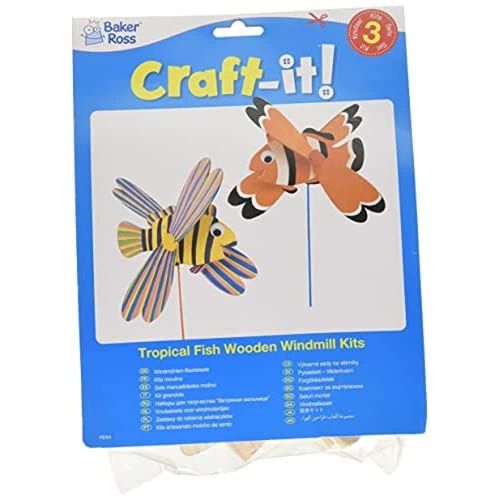 Baker Ross Fe231 Kits De Moulin Vent En Bois Poissons Tropicaux- Paquet De 3 Pour Les Projets D Arts Et D Artisanat Pour Enfants