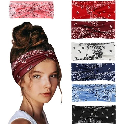 Kal-Lot De 7 Bandeaux Pour Femme - Large Élastique - Doux - Imprimé - Pour Le Yoga Et Le Sport - Pour L'été - Style Bohème - Pour Le Yoga Et Le Sport - Multicolore