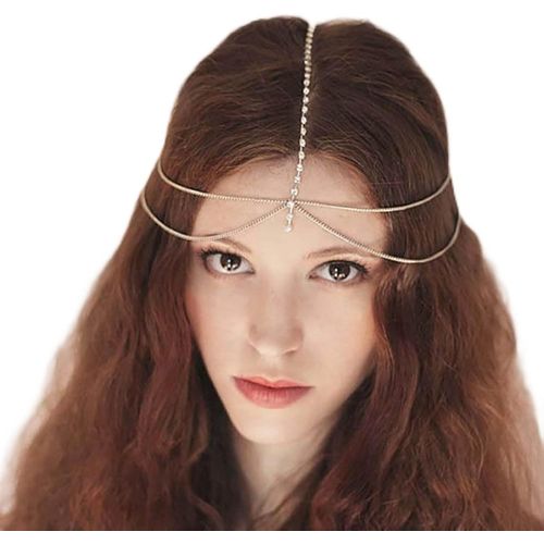 Kal-Chaine De Tête Boho En Cristaux Strass Chaine Cheveux Mariage Chaine De Cheveux Dorée À Pompons Bandeau De Mariage Chaine Gypsy Tiare Halloween Bal Accessoires Cheveux Pour Femmes Et Filles