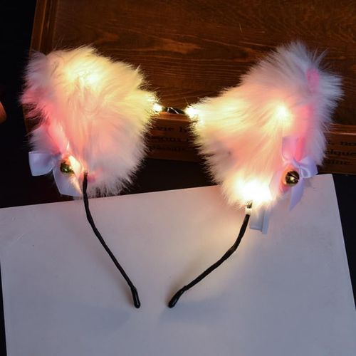 Kal-Bandeau Lumineux Avec Oreilles De Chat Avec Clochette - Accessoires Pour Femme - Pour Mariage, Vacances, Noël, Halloween - Blanc Chaud