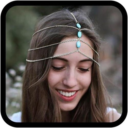 Kal-Turquoise Beaded Headchain Boho Headband Bridal Headpiece Headdress Wedding Beach Crown Tiara Fashion Hair Accessory For Women And Girls (Argent)