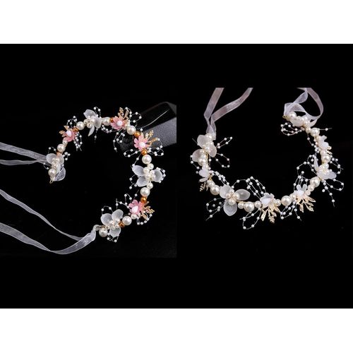 Kal-Lot De 2 Bandeaux De Fleurs, Fleurs Et Perles, Strass, Pour Communion, Mariée, Mariage, Anniversaire, Fête, Blanc + Rose