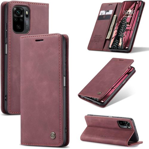 Coque Xiaomi Redmi Note 10 Souple Mince Cuir Tpu Support Carte Portefeuille Magnetique Fermeture Flip Protection Housse Etui Redmi Note 10 5g Antichoc Anti-Rayures Camera Protecteur Rouge