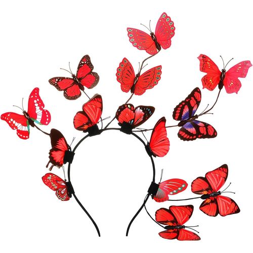 Kal-Bandeau Papillon Cheveux Femme Serre-Tête Elastique Avec 14pcs Aléatoire 3d Papillons Pour Mariage Photographie Halloween Cosplay Déguisement Rouge
