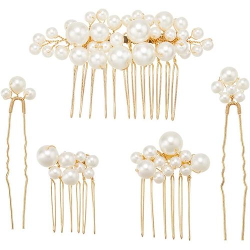 Kal-5 Barrette À Cheveux En Perles Dorées Ensemble D'accessoires De Bijoux Peigne Antidérapant En Métal Décoratif Multi Styles Épingle En Forme De U Pour Femmes Mode Mariage Bal Demoiselle D'hon