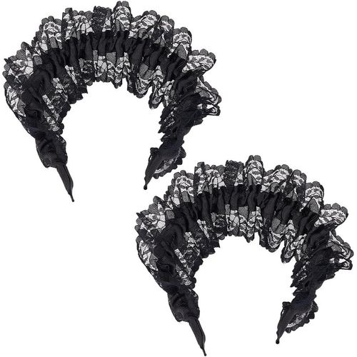 Kal-2pcs Bandeau En Dentelle Lolita Noire 14.3cm Coiffure En Dentelle Bandeaux Tête Brodés Floraux Vintage Bandeaux Cheveux En Dentelle À La Mode Femmes Coiffe Mariée Pour Les Fêtes Et Bal 