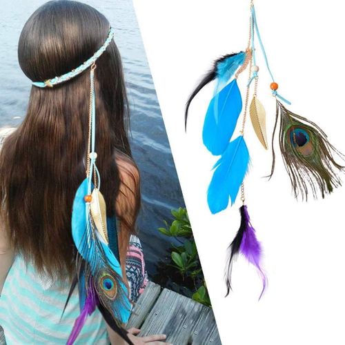 Kal-Bandeau Bohème À Plumes De Paon Vintage Hippie, Bijou De Cheveux Pour Femmes Et Filles (Bleu)