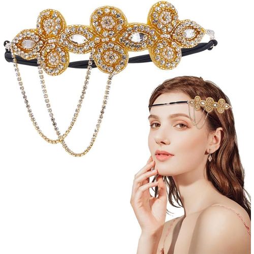 Kal-1 Gatsby Serre-Tête Années Bandeau Cheongsam En Strass De Verre Doré Accessoires De Cheveux À Paillettes Et Pompons Vintage Pour Femmes Style Gatsby Pour Célébration Mariage Décoration