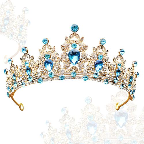 Kal-Tiara Cristal Couronne, 1 Pcs Tiare Baroque Pour Femme, Couronne Diademe En Cristal, Diadème De Princesse Bridal Bandeau Pour Bal De Fin D'année, Concours De Beauté, Mariage (Or/Bleu)