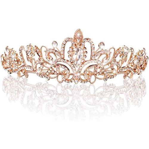 Kal-14.5 X 13 X 4.5 Cm Couronne Princesse,Diademe Tiara Cristal Or Rose, Scintillant Couronne Dorées Dress Up D'anniversaire Accessoire Pour Filles De 5 À 24 Ans, Costume De Princesse Ou Cadeau