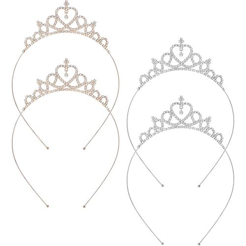 Kal-Lot De 4 Couronnes De Princesse Pour Fille - Bandeau En Cristal Et Strass - Bijou De Cheveux Pour Mariage, Demoiselle D'honneur, Anniversaire, Noël - Doré Argenté