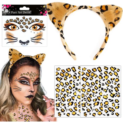 Kal-Déguisement Léopard Serre-Tête Léopard Bandeau Cheveux Léopard Avec Autocollants De Visage Léopard Paillette Stickers Léopard Pour Adultes Enfants Déguisement Pour Carnaval Cosplay Spectacle