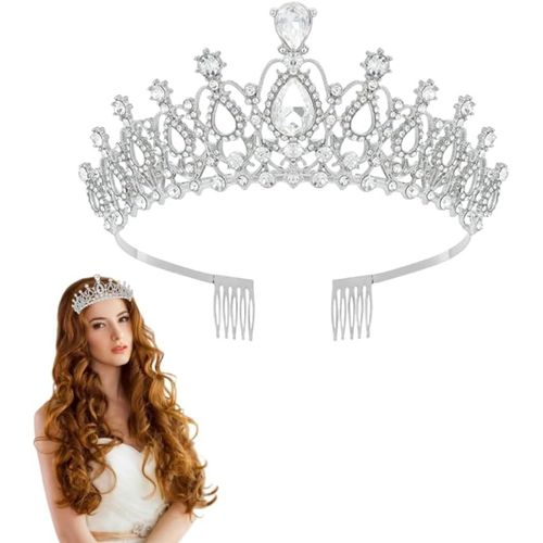 Kal-Diadème En Cristal Argenté Avec Peigne En Strass Pour Femmes Et Filles - Tiare Princesse Reine - Couronne En Cristal - Couronne En Strass Pour Fête D'anniversaire Et Mariage