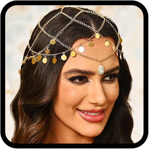 Kal-Chaîne De Tête À Paillettes Dorées Avec Pampille - Bijou De Cheveux Pour Femme - Bijou De Cheveux Pour Mariée, Fête, Festival
