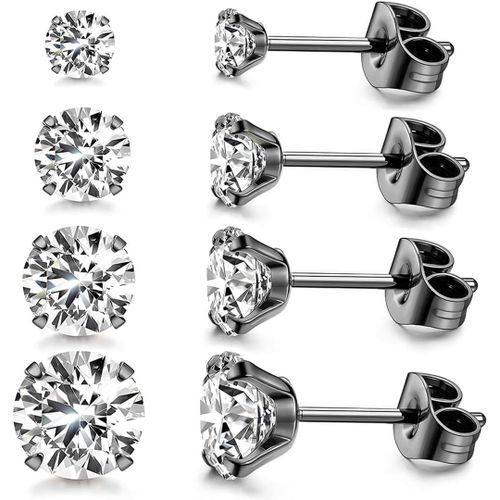 Kal-4 Paires 316l Acier Inoxydable Cz Lot Boucles D'oreilles Femme Homme Cartilage Helix Boucles D'oreilles Piercing Ronde Cubique Zircone Boucle D'oreille À Vis À Billes Dos Plat Barbell, Noir, 3-6m
