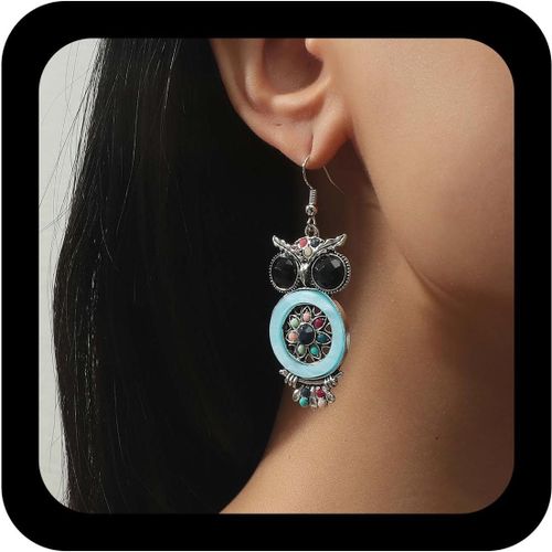 Kal-Boucles D'oreilles Boho Hibou Boucles D'oreilles Hibou Indien Boucles D'oreilles Hibou En Cristal Boucles D'oreilles Hibou Gothique Boucles D'oreilles Hibou Vintage Boucles D'oreilles(Bleu)