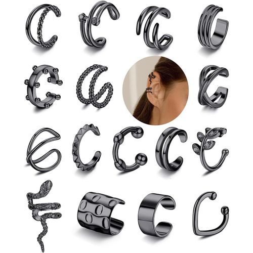 Kal-16 Pcs Clip Boucles D'oreille Pour Femmes Hommes Réglables Ear Cuff Manchette D'oreilles Non-Piercing Cartilage Clip Sur Wrap Boucle D'oreille Ensemble Or/Argent/Noir/Or Rose