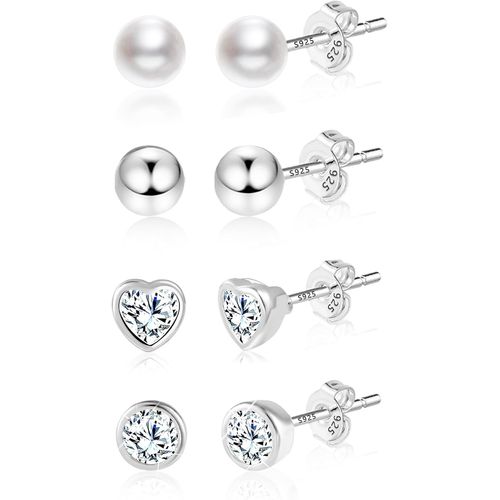 Kal-Lot De Boucles D'oreilles En Or Pour Femme - En Argent Sterling 925 Plaqué Or 14 Carats - Avec Zircone Cubique - Multipack - Boucles D'oreilles Pour Piercing Médical - Petite Boule - C?ur Et Étoi