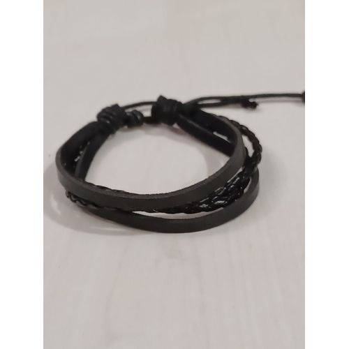 Bracelet Cuir Noir Reglable,Double Tresse Et Double Laniere