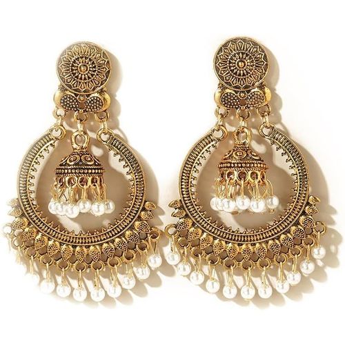 Kal-Boucles D'oreilles Pendantes En Forme De Cercle Creux Avec Pompon Pour Femmes Et Filles - Style Bohème Rétro Indien Jhumki Bell - Fleur Pendante Légère - Disque Rond - Bijoux Cadeaux