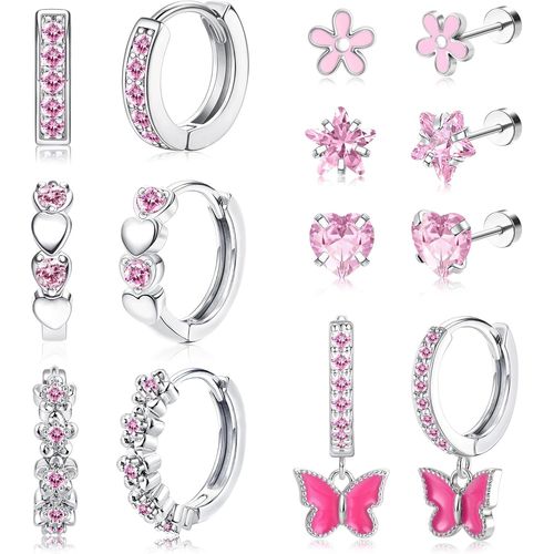 Kal-7paires Boucle D'oreilles Enfants Fille Hypoallergénique Boucles D'oreille Femmes Acier Inoxydable Boucles D'oreilles Huggie Coeur Cz Étoile Fleur Tragus Cartilage Piercing Rose Multicolore