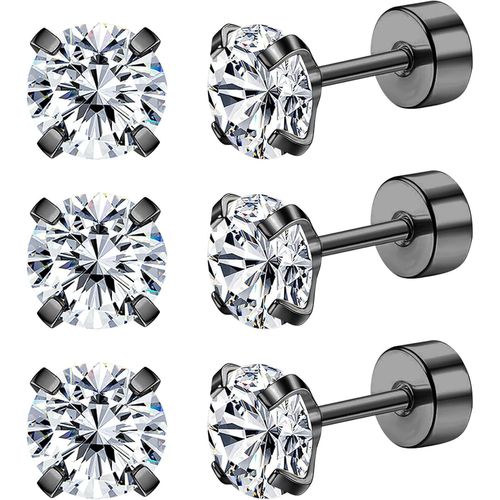 Kal-3 Paires Boucles D'oreilles Or Argent Noires, Boucle Doreille Acier Inoxydable Femme Homme,Piercing Oreille Cartilage Helix Piercing,Boucles D'oreilles En Zirconium