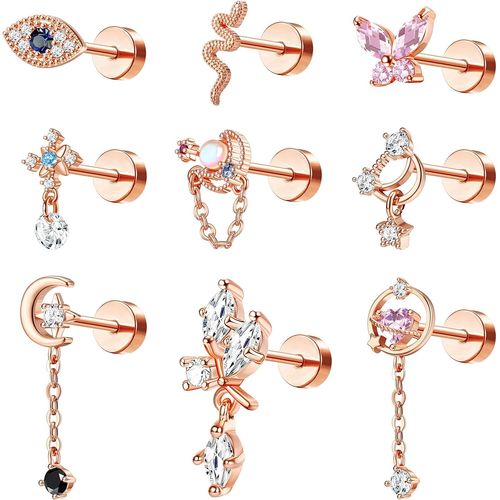 Kal-9pcs 16g Piercing Oreille Pour Femme Acier Chirurgical Boucles D'oreilles Cartilage Tragus Piercing Labret Mauvais ?il/Papillon/Le Serpent Dangle Oreille Piercing Tragus Helix Piercing Bijoux