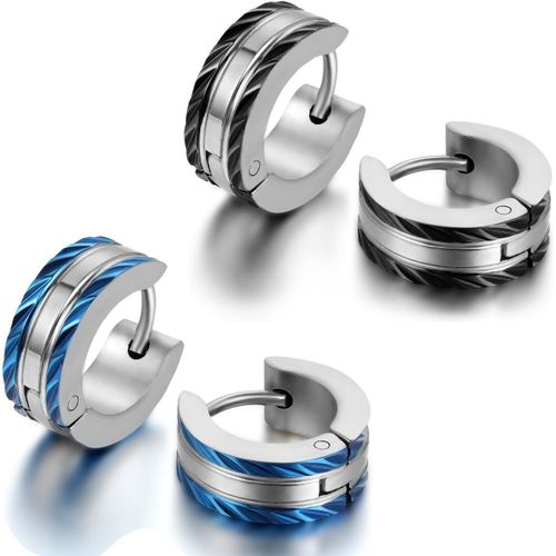 Kal-Paire 5mm Boucles D'oreilles Créole Anneaux À Charnière Rayure Acier Inoxydable Femme Homme Clous D'oreilles