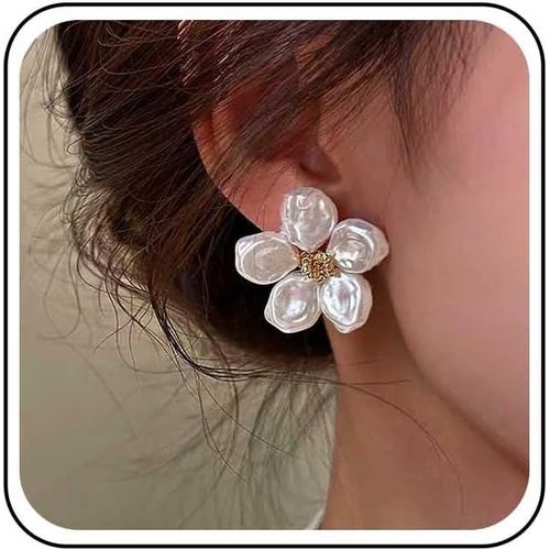 KAL-Boucles D'Oreilles Fleurs En Émail Blanc Boucles D'Oreilles Fleuries Boucles D'Oreilles Perles Baroques Boucles D'Oreilles Fleurs En Perles Bijoux Pour Femmes