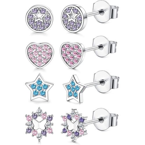 Kal-4 Paires Boucles D'oreilles En Argent Sterling 925 Pour Femmes Filles Enfants Hypoallergénique Zircon Rond Étoile Papillon Coeur Petit Cartilage Boucles D'oreilles Ensemble Bijoux