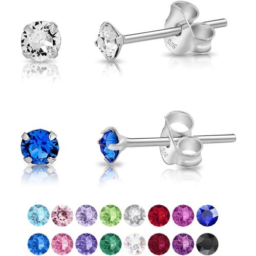 Kal-2 Paires De Mini Boucles D'oreilles/Clous En Argent Fin 925 Et Cristaux De Swarovskielements Ronds - Diamètre: 3 Mm - 1 Paire Cristal Clair + 1 Paire De La Couleur De Votre Choix